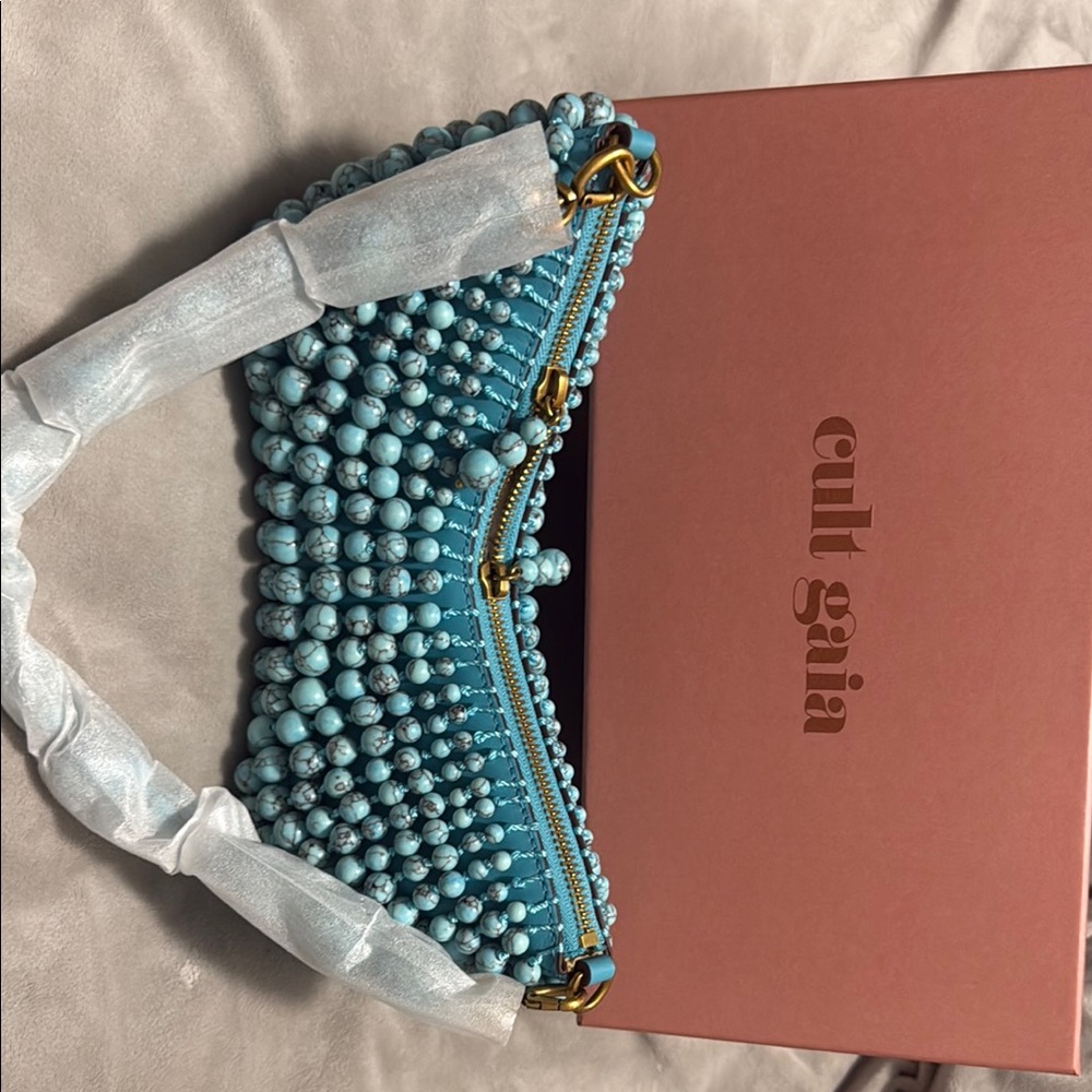 cult gaia turquoise beaded mini bag with gold hardware